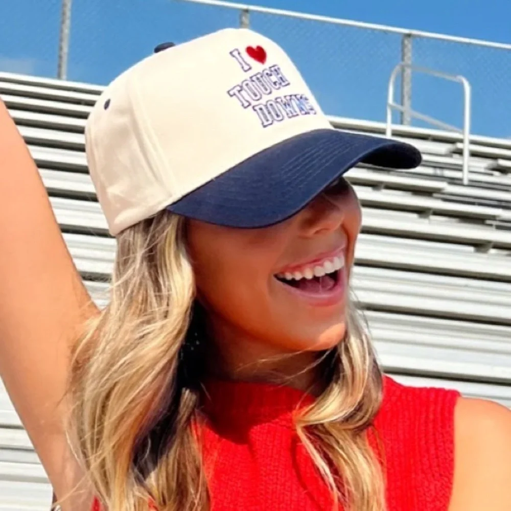 Anthropologie Kenz Kustomz I Heart Touch Downs Cream Navy Cotton Trucker Hat New